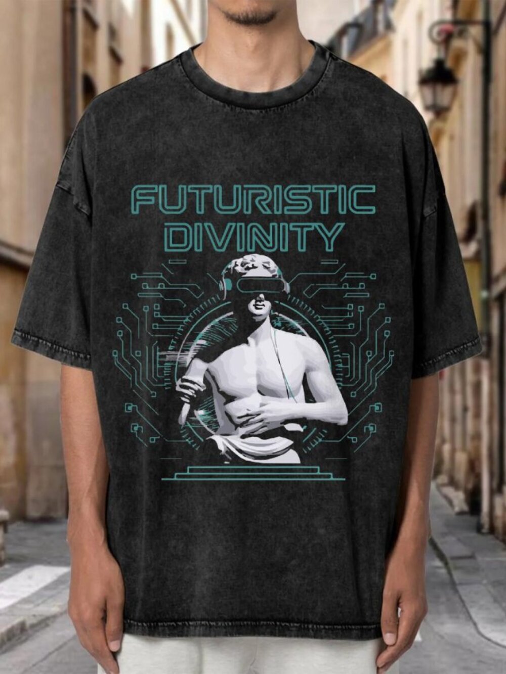 Vintage Wash Futuristic Divinity Statue Cyber Graphic Oversized Tee E6R6GN4DPS01